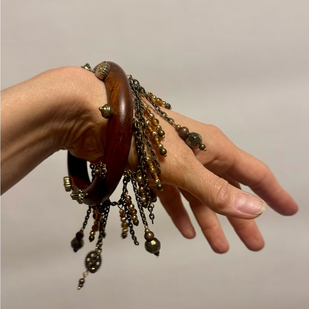 Wooden Bracelet with Gold Accents and Chains - Picture 10 of 13